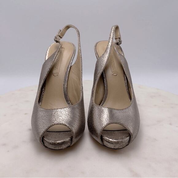 BCBGMaxAzria BCBG LibbyMet Pewter Metallic Peep Toe Heels Pumps  Shoes Size 7.5 - Picture 4 of 13